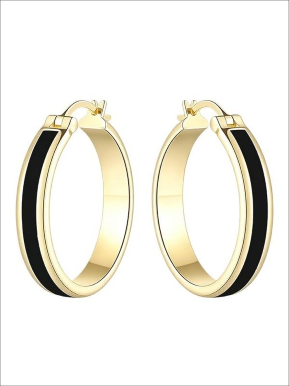 14K Gold Plated Hoop Earrings 28mm Black Embellished Casual